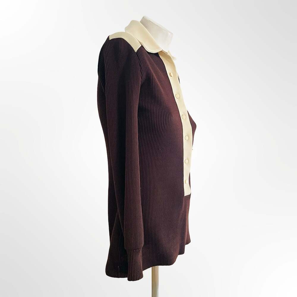 Vintage Stage 7 Brown Ribbed Knit Long Sleeve Polo Sweater  w Cream Collar