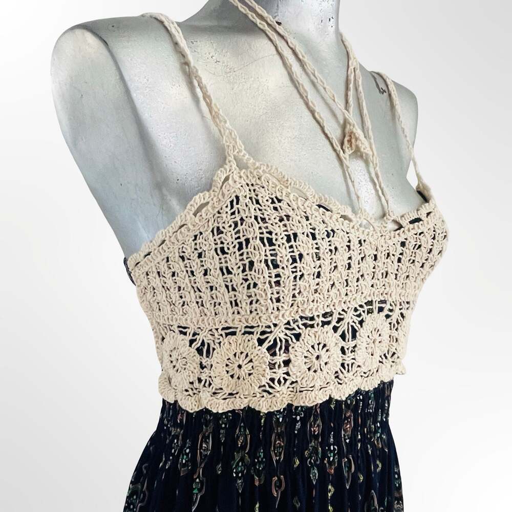Ming Long Women's Boho Floral Smocked Midi Dress with Crochet Top