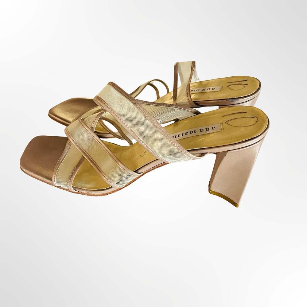 Ann Marino Vintage 90s Gold Metallic Strappy Mesh Block Heel Sandals