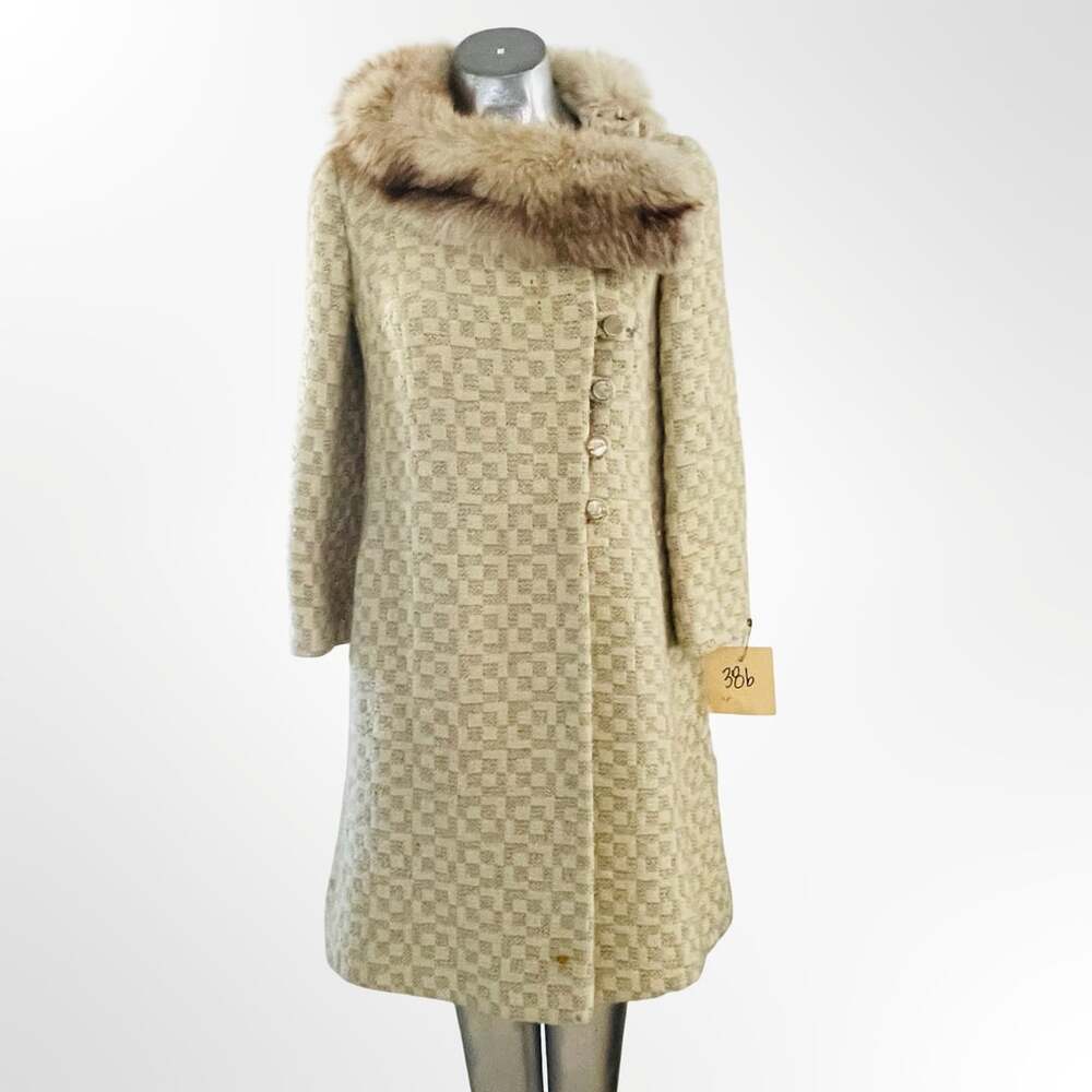 Vintage 1950s Checkered Tweed Coat with Fur Collar