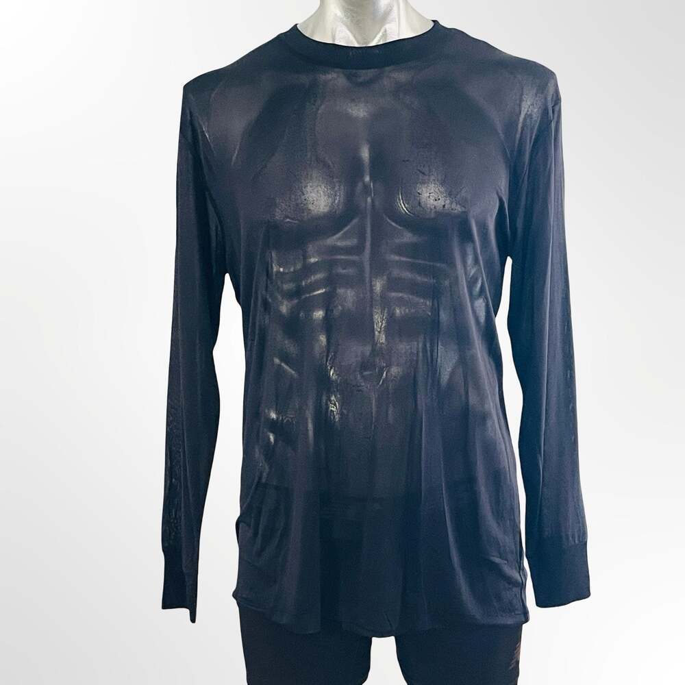 Men's Black See-Through Sheer Mesh Long Sleeve Crew Neck Top