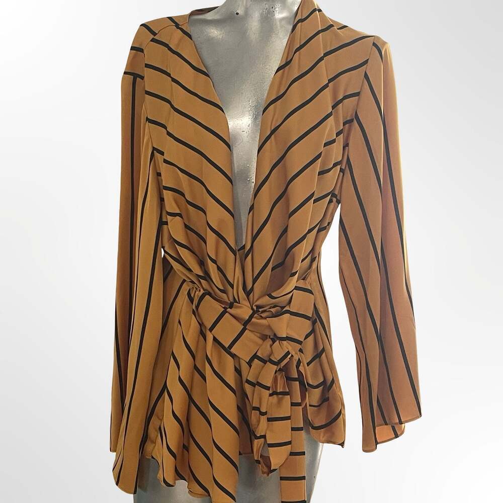 INC International Concepts Mustard Yellow and Black Striped Wrap Tie-Front Blous