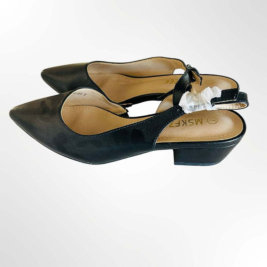 MSKFEZEK Black Pointed Toe Slingback Low Block Heel Pumps