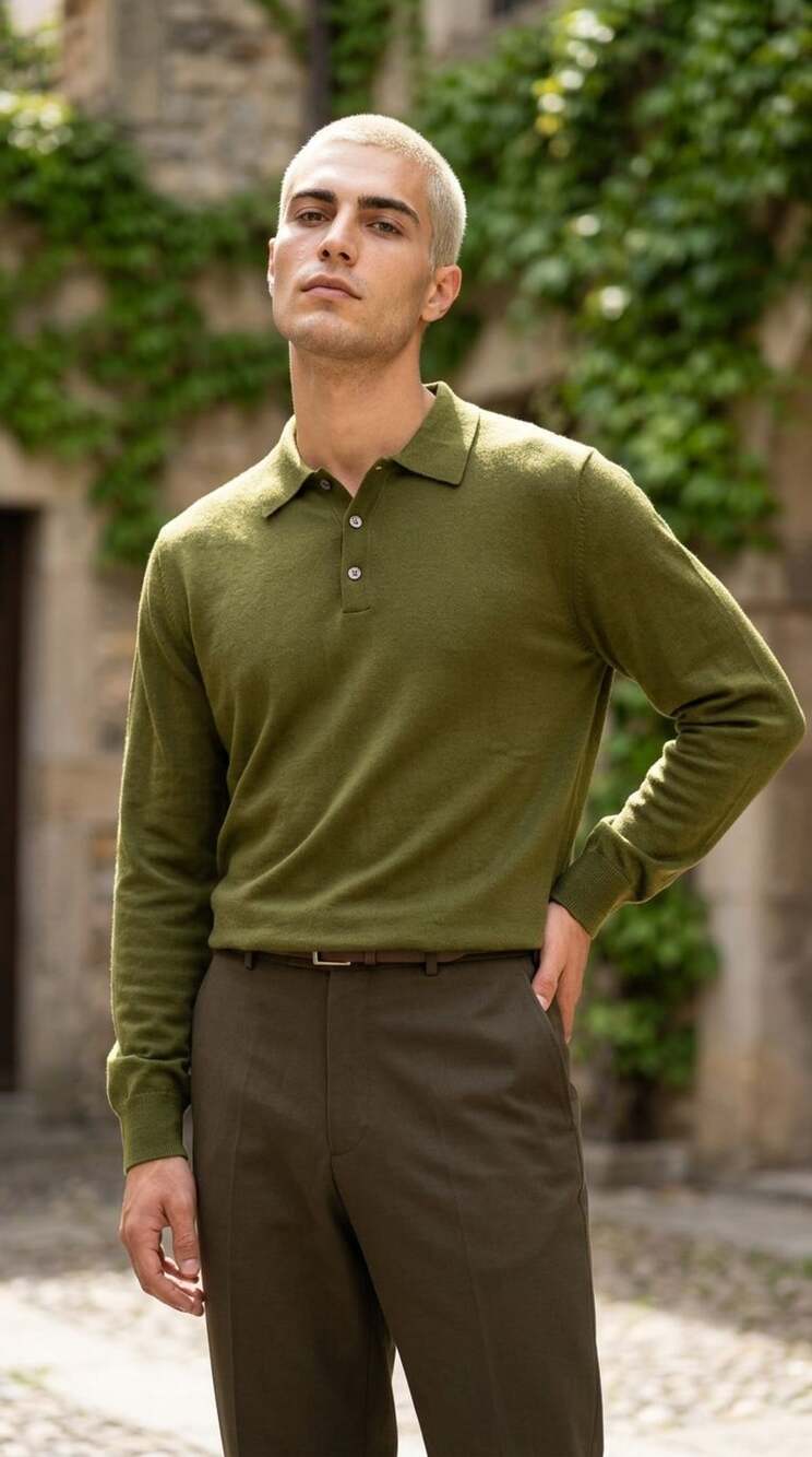 Alfani Men's Long Sleeve Knit Polo Sweater in Olive Green Merino Wool Size XL