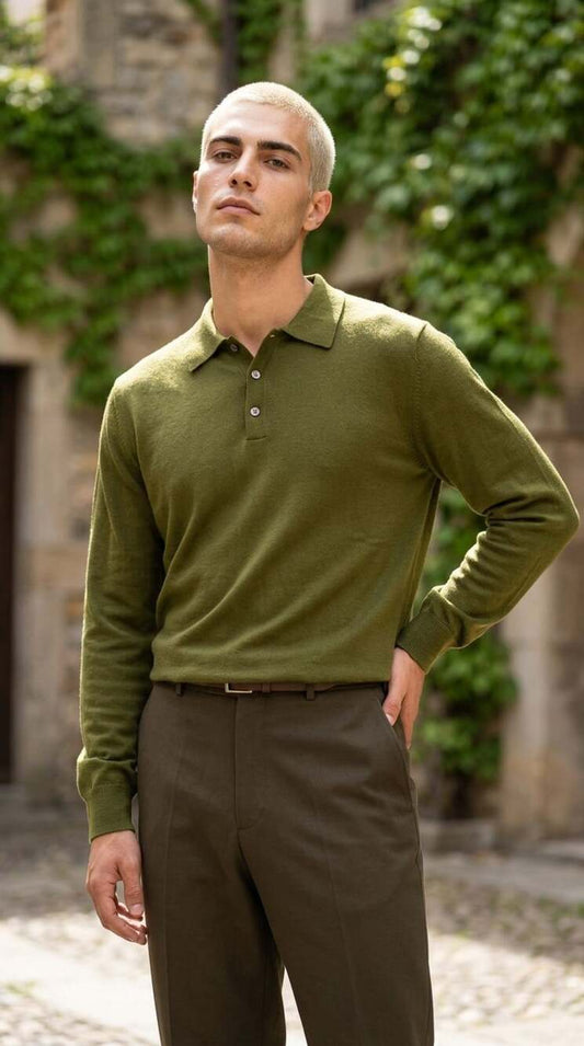 Alfani Men's Long Sleeve Knit Polo Sweater in Olive Green Merino Wool Size XL