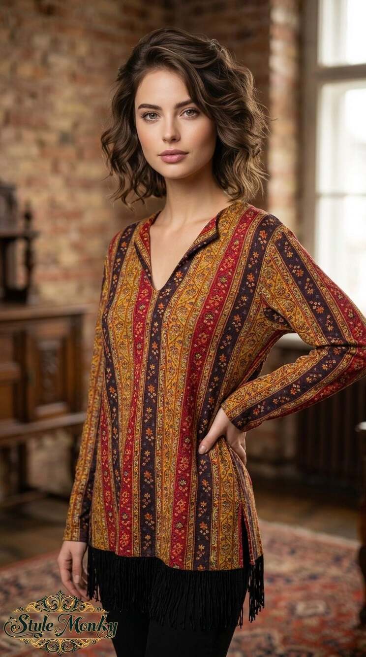 Vintage Boho Floral Long Sleeve Tunic Top with Fringe Hem