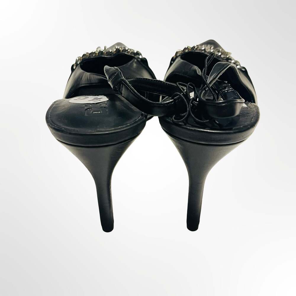 DKNY Black Leather Slingback Pointed-Toe Heels with Chain Detail