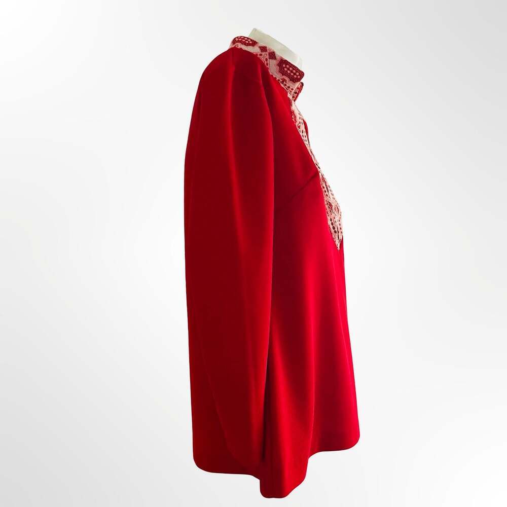 Cintura Vintage Red Long Sleeve Tunic Top with Embroidered Collar