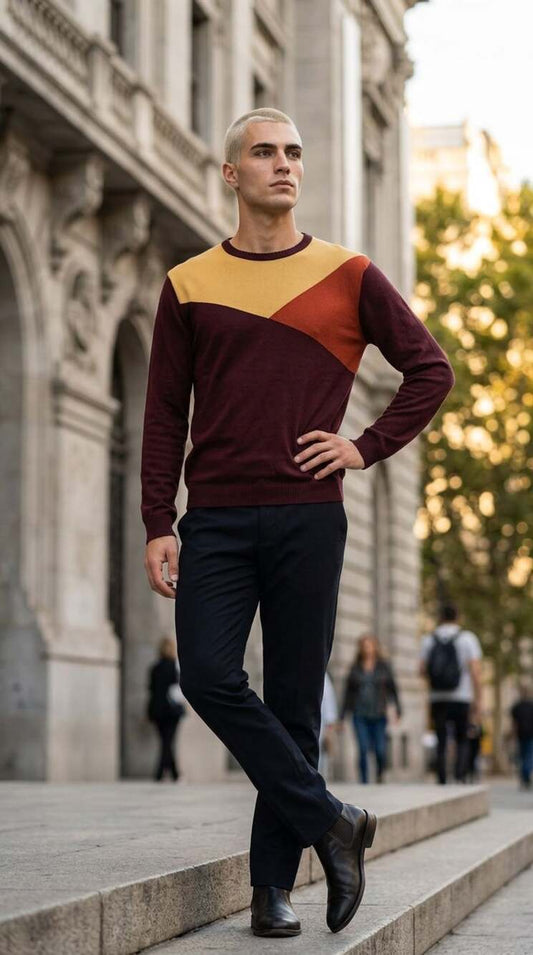Vintage Designer Collection Men's Colorblock Crewneck Sweater Burgundy Yellow Re