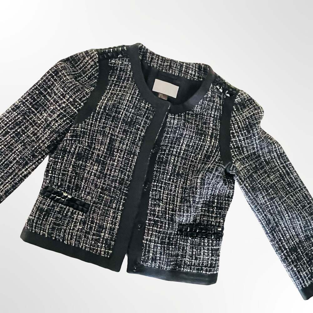 H&M Black and White Tweed Textured Jacket with Decorative Embellishments