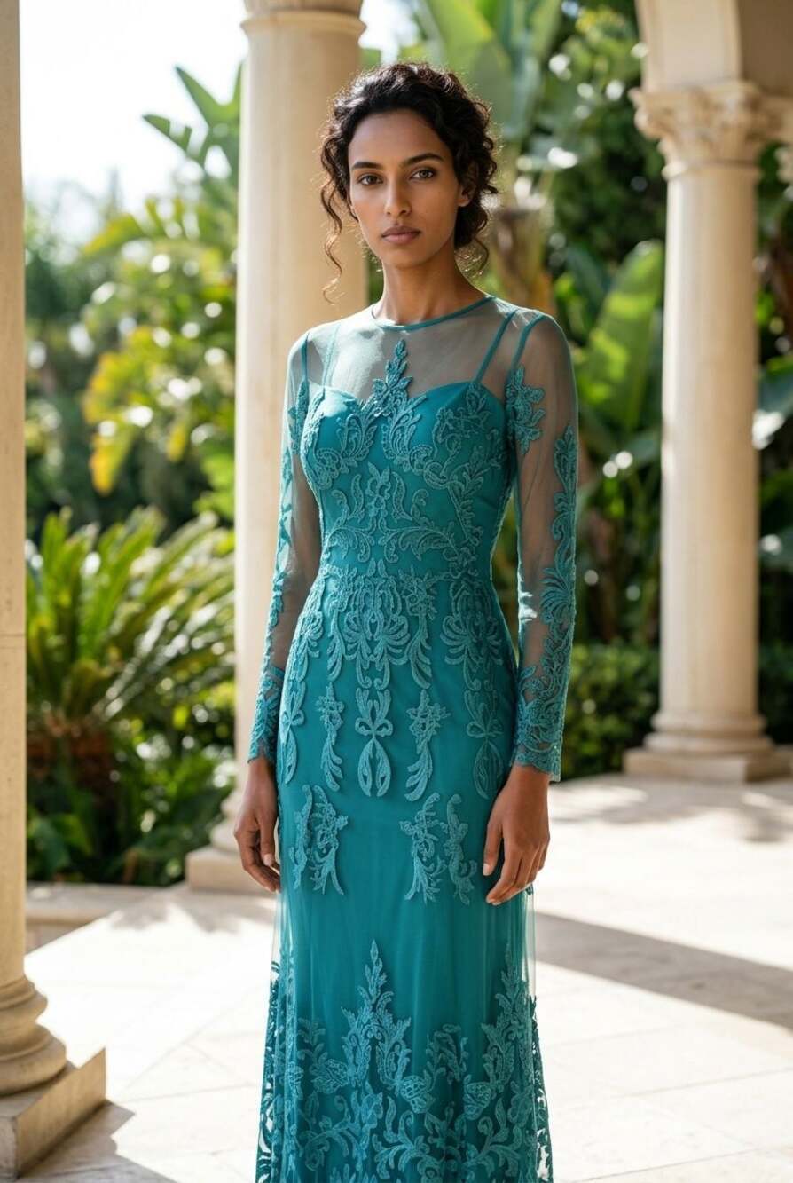 Zuhair Murad Long Sleeve Embroidered Tulle Evening Gown