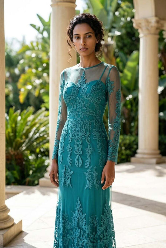 Zuhair Murad Long Sleeve Embroidered Tulle Evening Gown