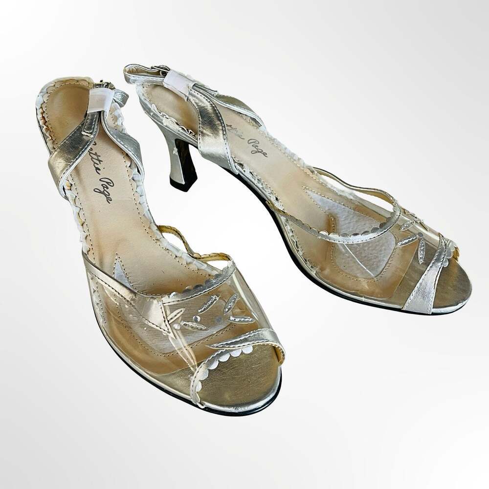 Bettie Page BP304-BARNETT Silver Metallic Clear Peep Toe Slingback Heels