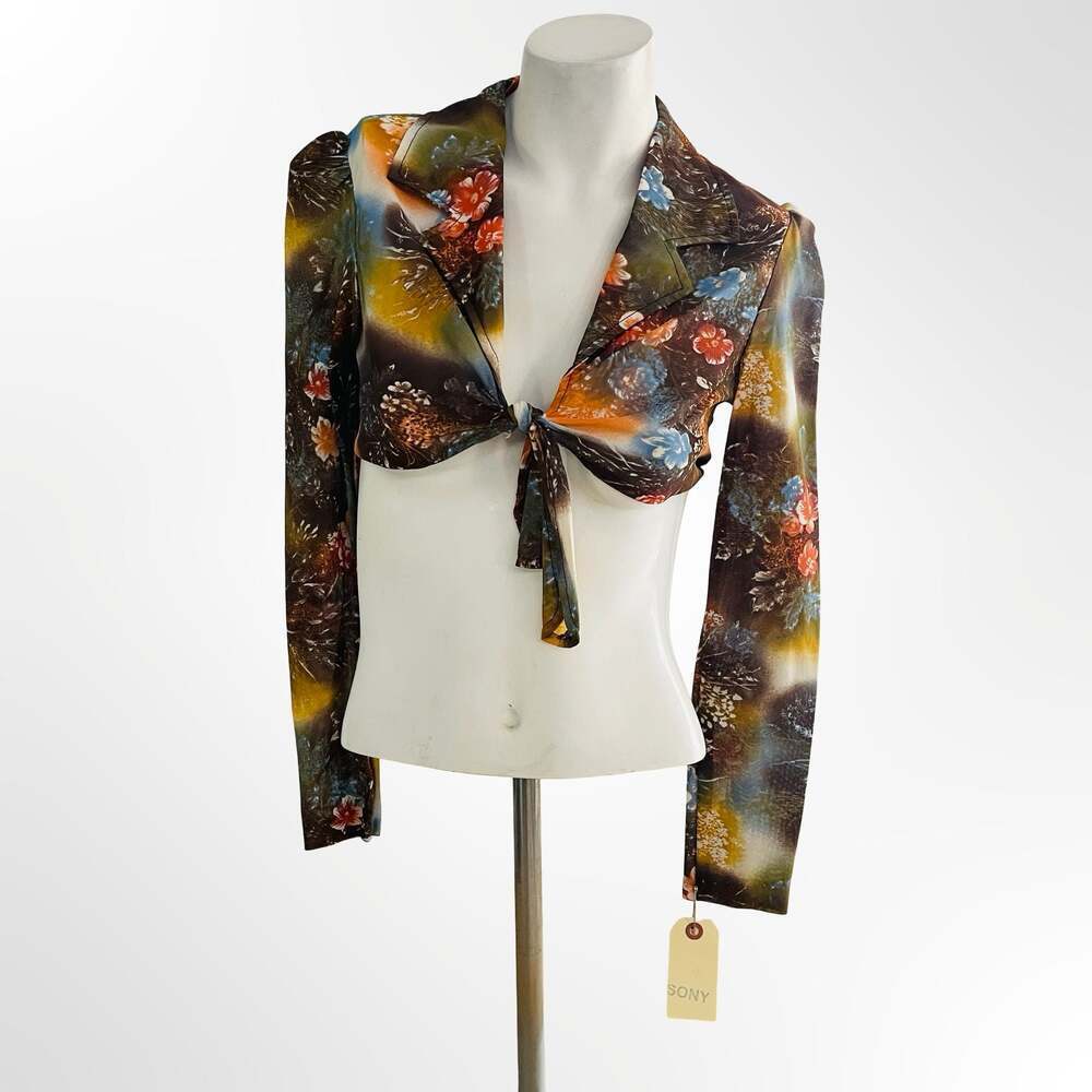 Vintage Floral Print Long Sleeve Tie-Front Crop Top