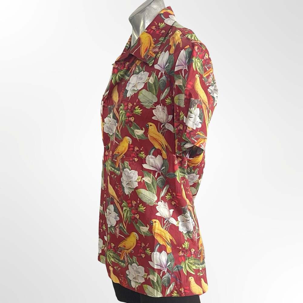 Vintage Floral and Parrot Print Red Tropical Camp Shirt