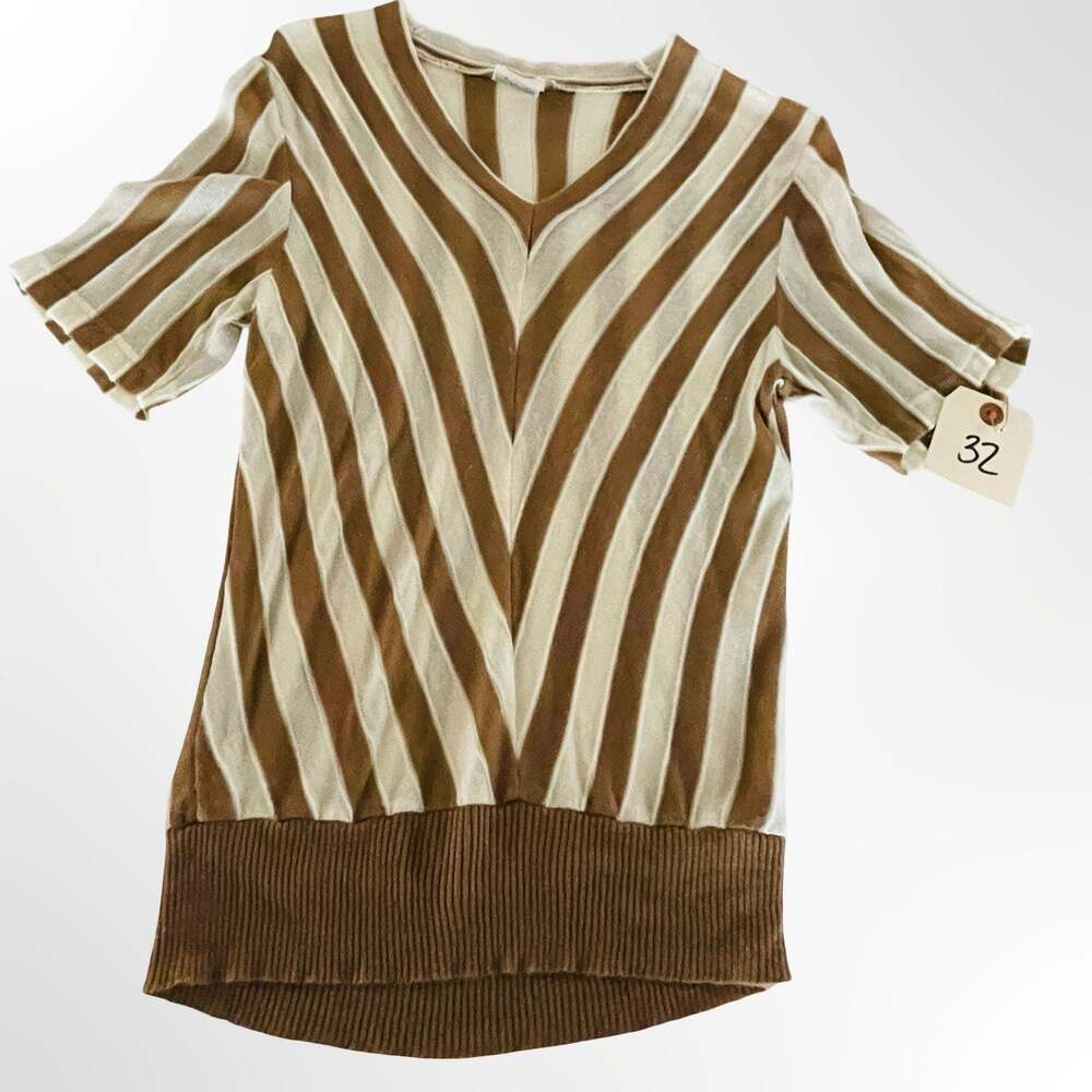 JAGRO strickmoden Brown and Cream Striped V-Neck Knit Short Sleeve Top