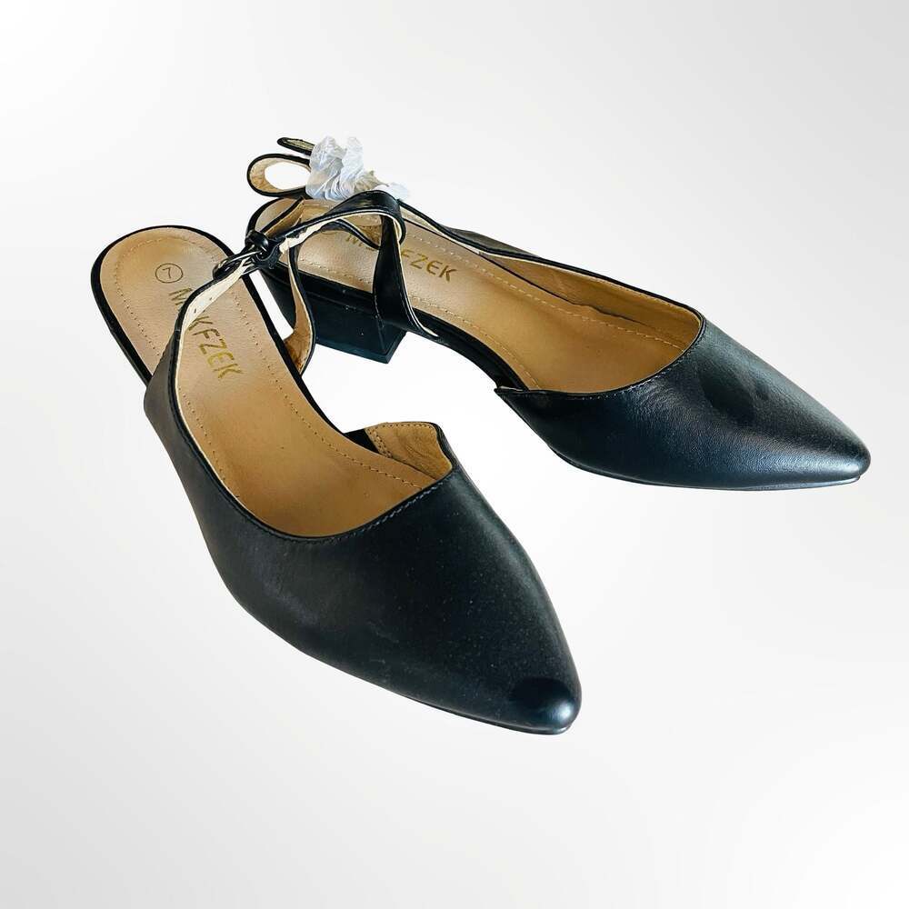 MSKFEZEK Black Pointed Toe Slingback Low Block Heel Pumps