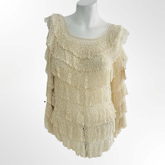 Vintage Rose Cream Hand Made Crochet Lace Ruffled Long Sleeve Top Size L