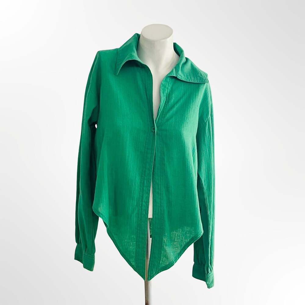 Ret Turner Green Cotton Long Sleeve Button Down Crop Top