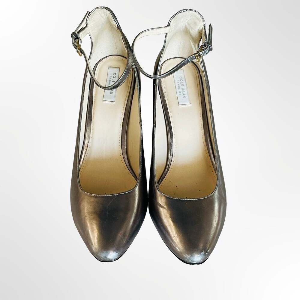 Cole Haan Grand.OS Metallic Pewter Ankle Strap Block Heel Pumps