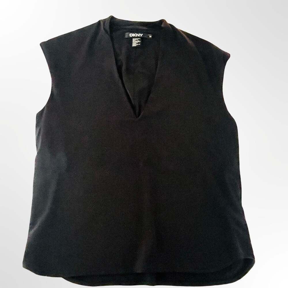 DKNY Women Black V-Neck Cap Sleeve Top Blouse Size M