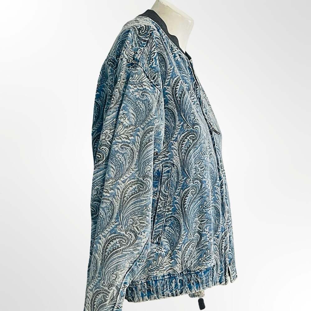 Vintage 1980s Blue Paisley Print Denim Bomber Jacket with Ribbed Trim