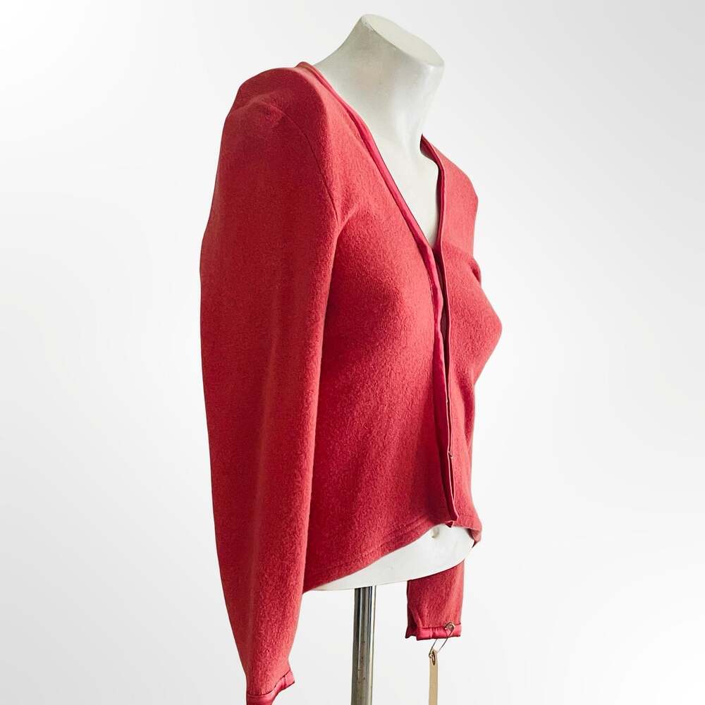 William B Red Wool Blend Satin Trim V-Neck Cardigan Sweater Small