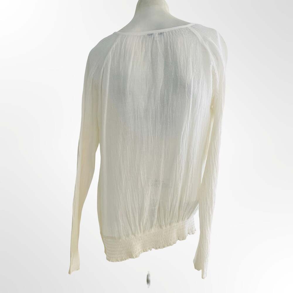 Grassroots White 100% Cotton Gauze Peasant Blouse Long Sleeve Tie Neck