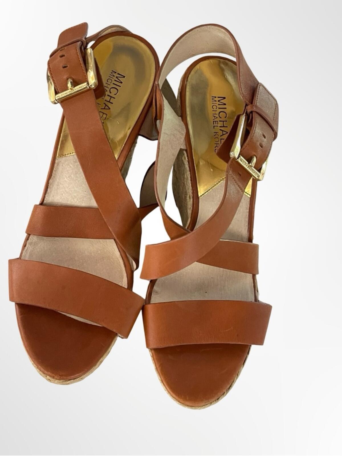 Michael Kors Brown Leather Espadrille Wedge Sandals in 10