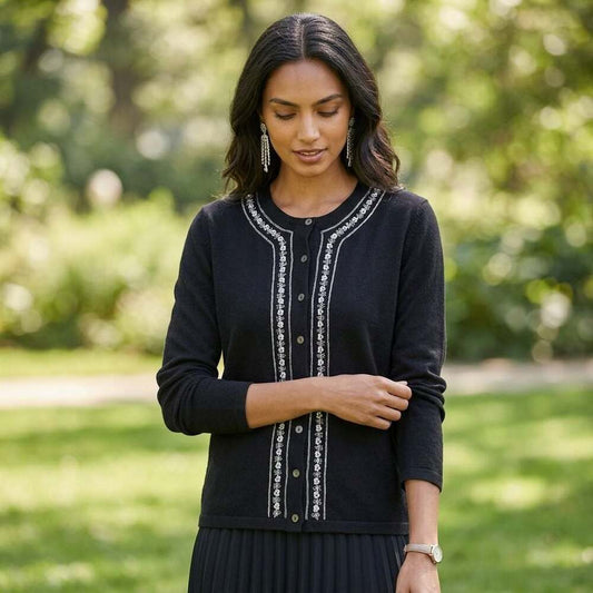 Talbots Black 100% Cotton Cardigan Sweater with Sequin and Bead Trim