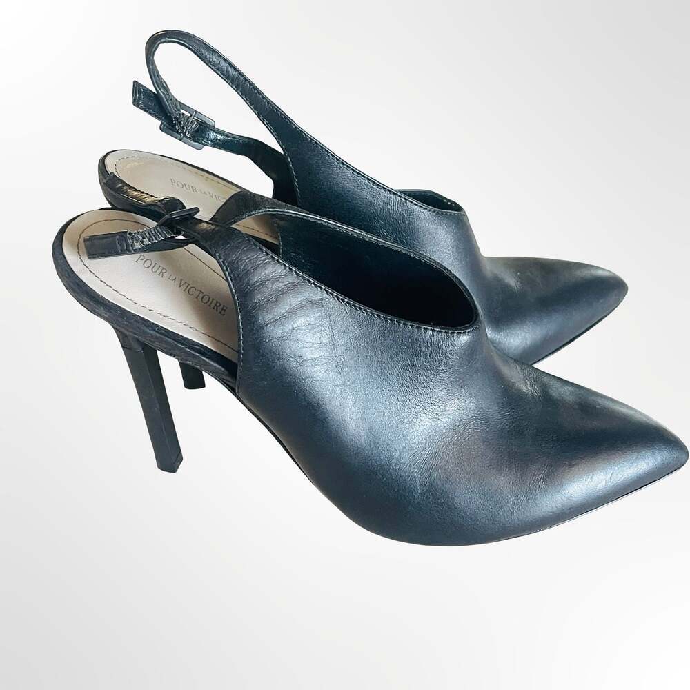 Pour La Victoire Black Leather Pointed Toe Slingback Stiletto Pumps