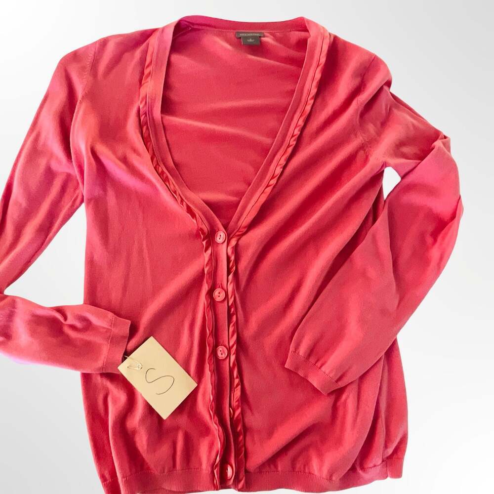 Ann Taylor Pink Cardigan Sweater with Satin Trim V-Neck Size S