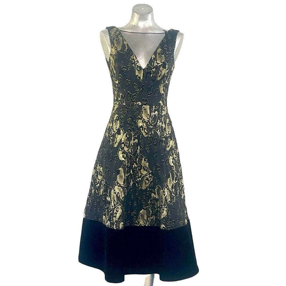 Theia Sleeveless Metallic Jacquard Floral Midi Dress