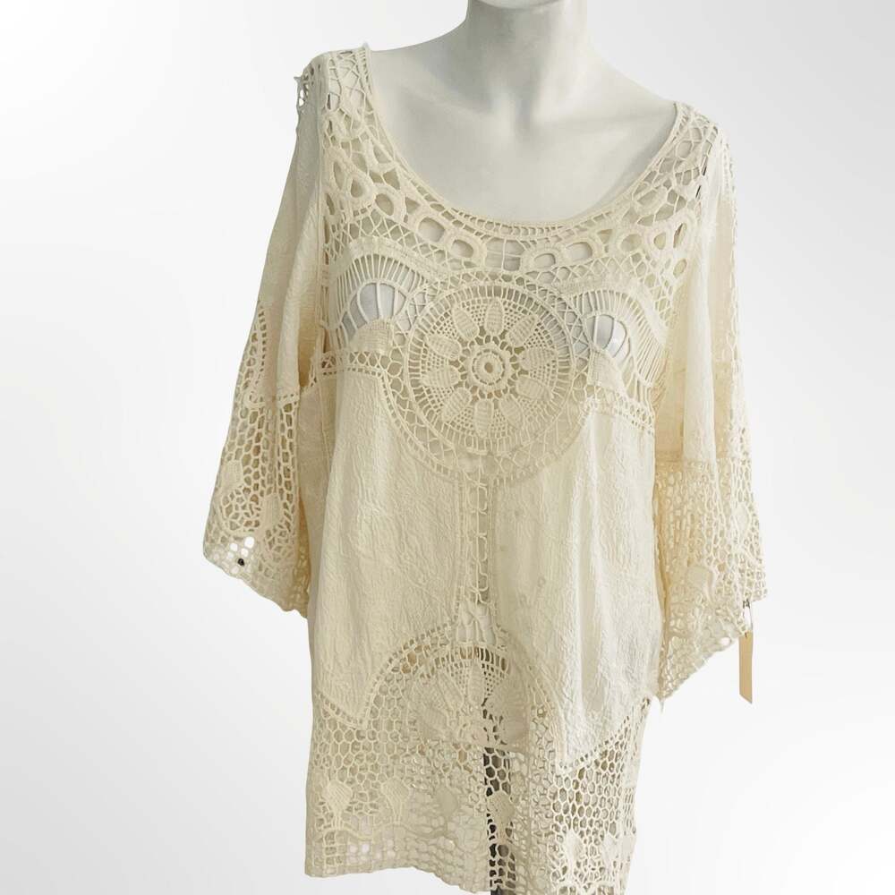 Indikah Cream White Boho Crochet Lace One Size Tunic Blouse