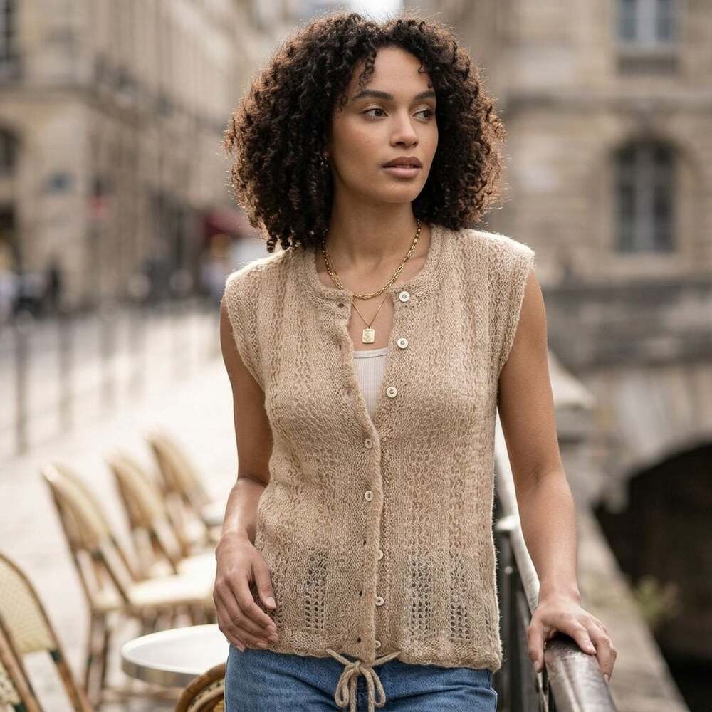 Vintage Joan Leslie by Kasper Knit Sleeveless Cardigan Vest Sweater Beige