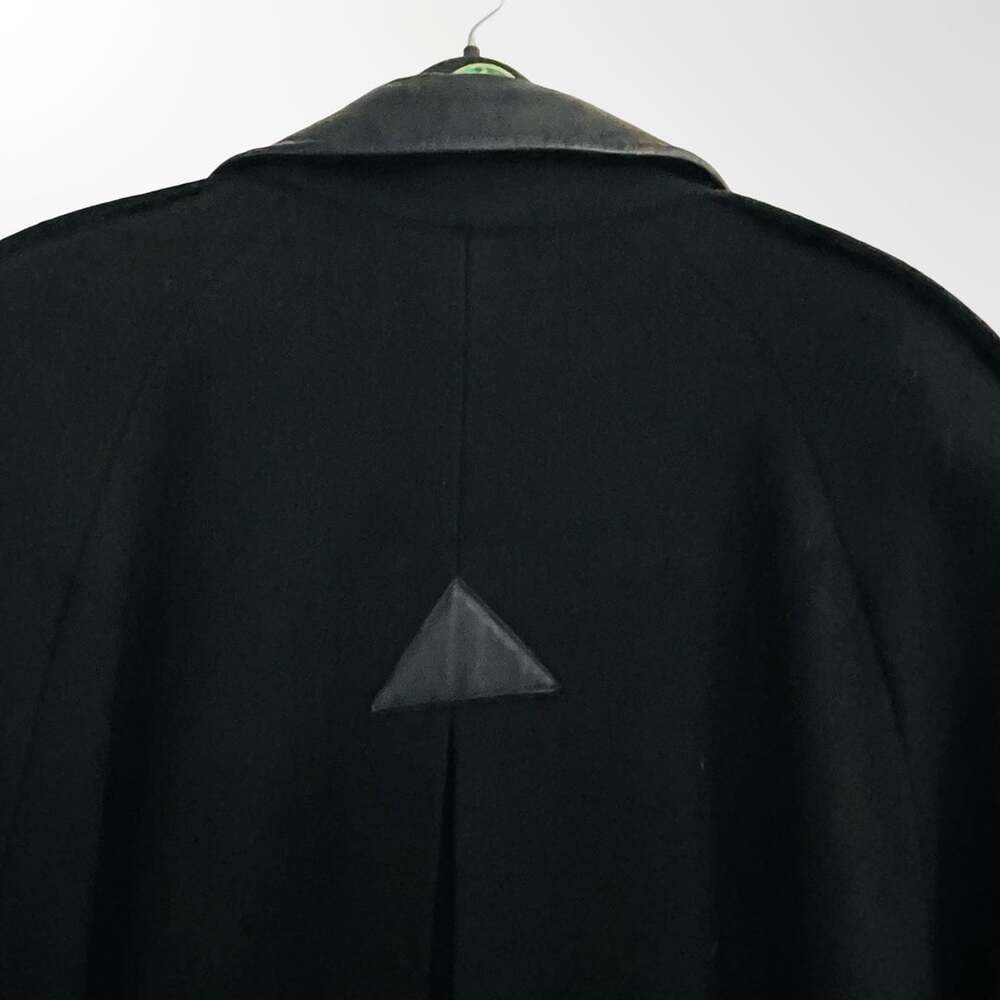 Vintage Black Wool Long Trench Coat with Leather Trim and Red Lining