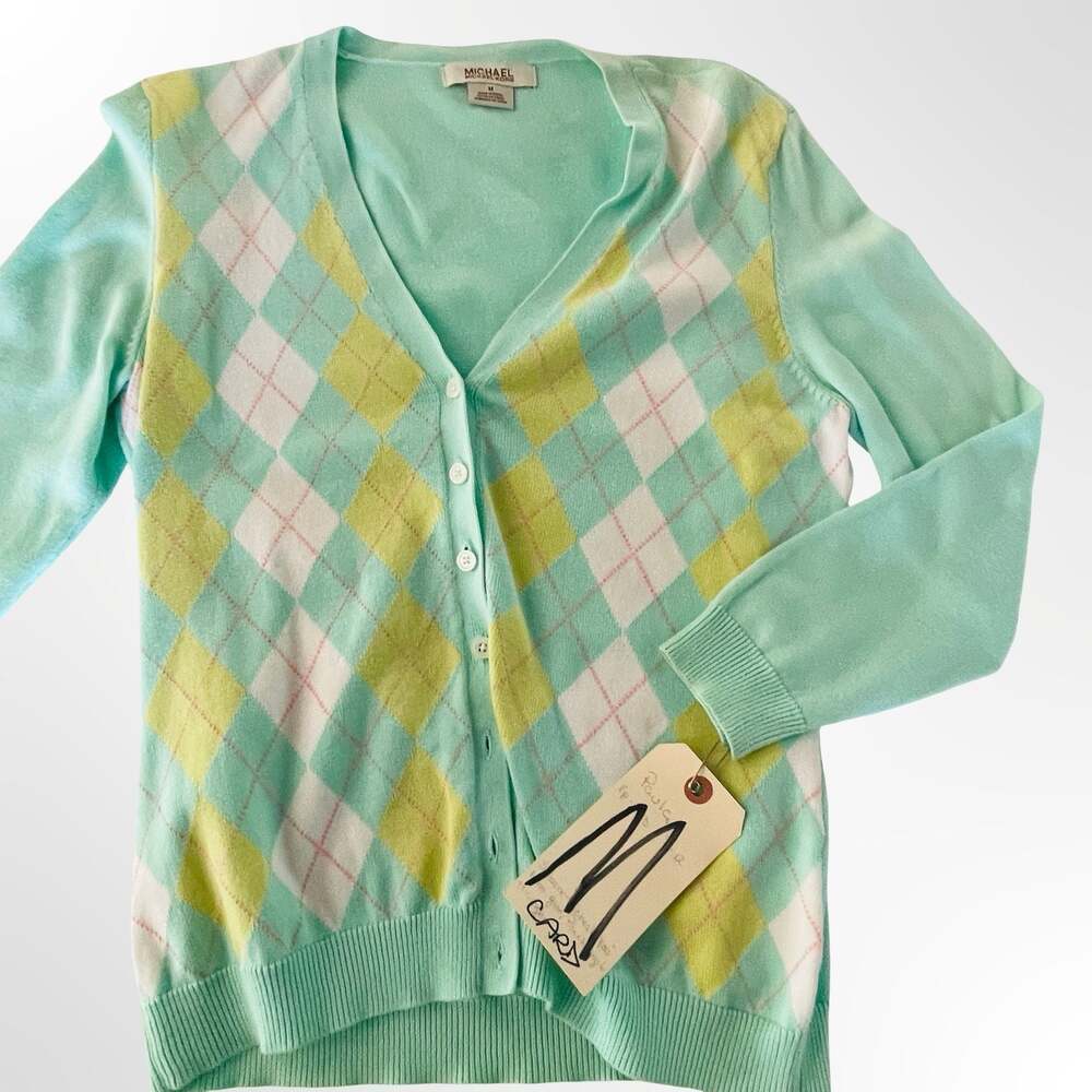 MICHAEL Michael Kors Mint Green Argyle V-Neck Cotton Cardigan Sweater