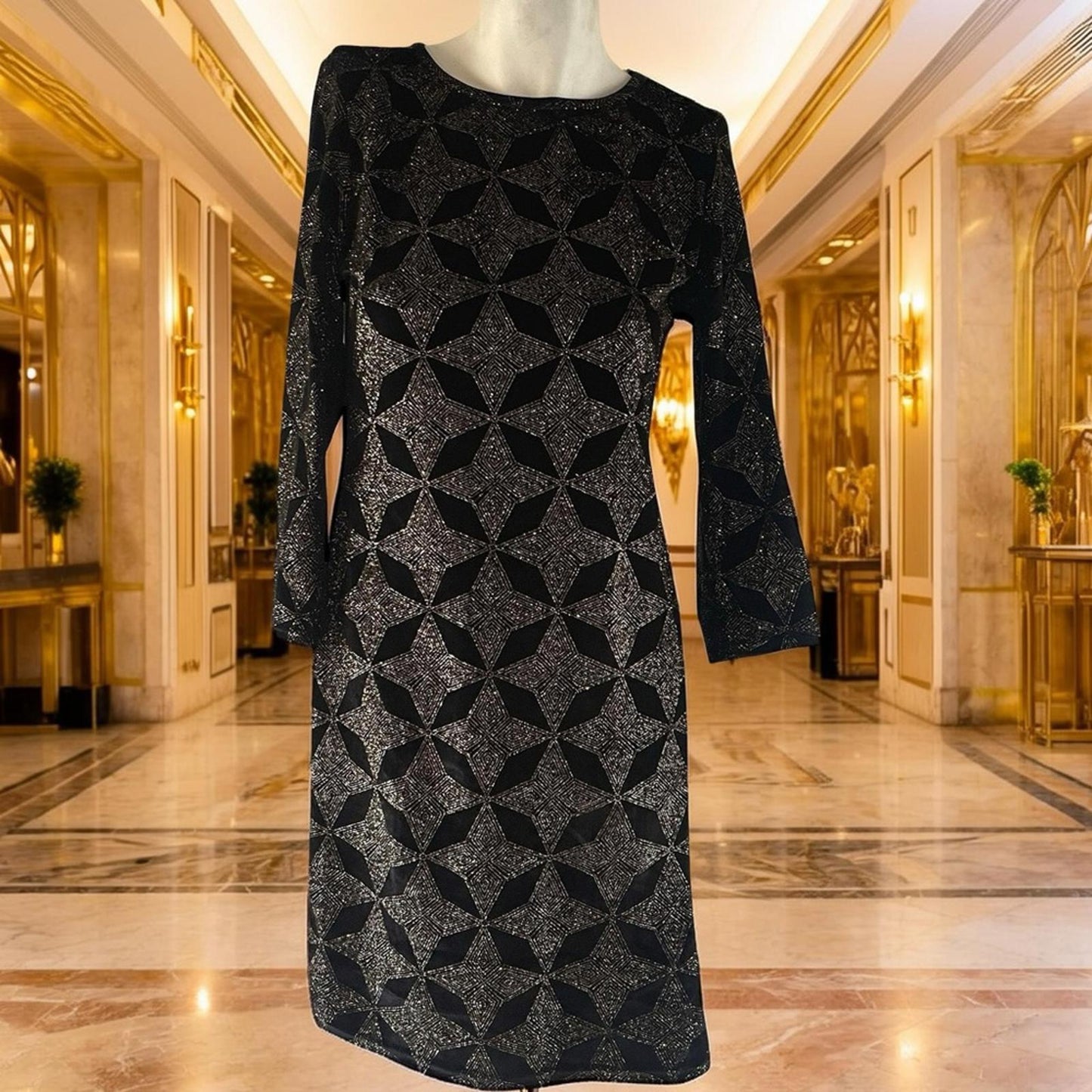 Topshop Black and Gold Geometric Dress in size 8