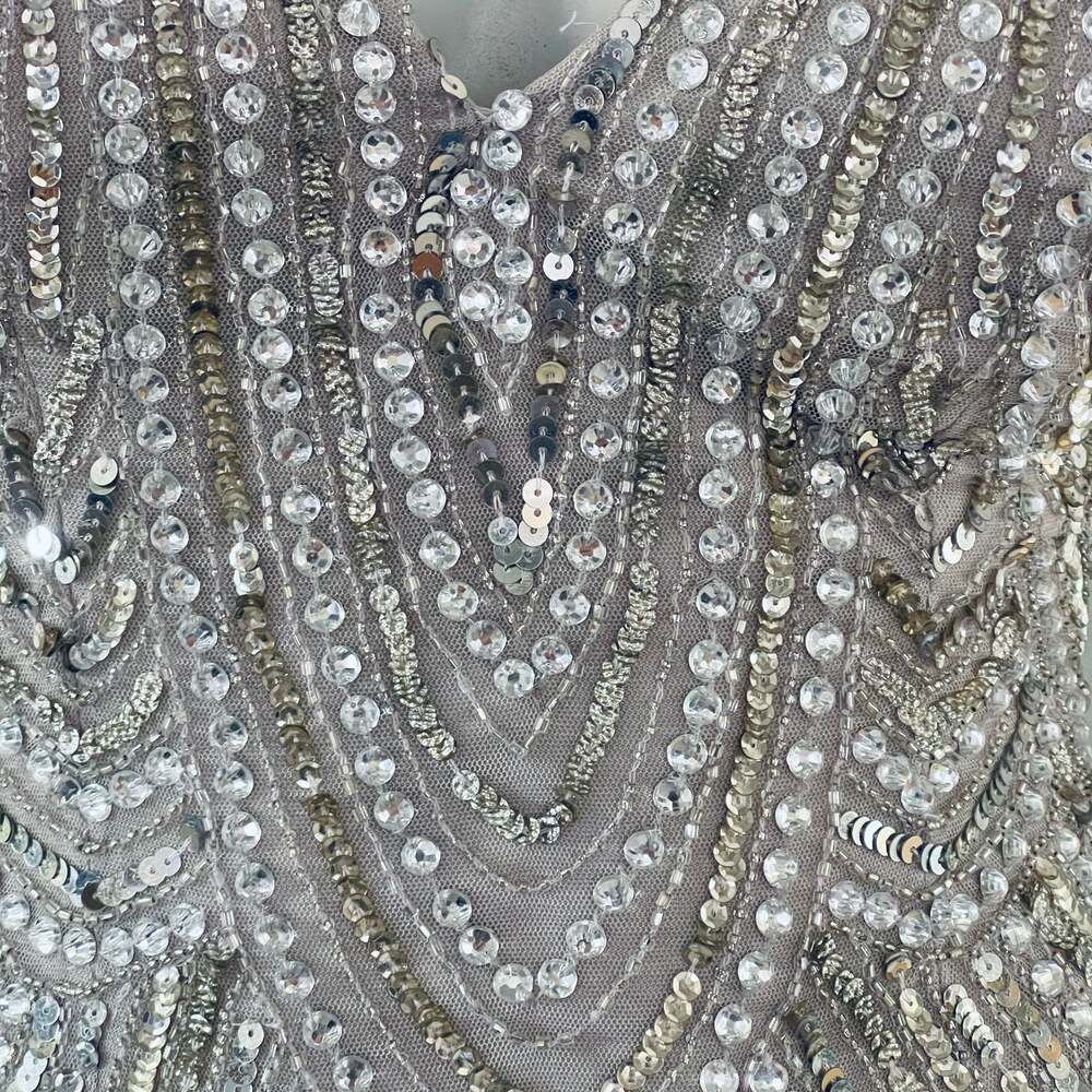 Lara 29615 Long-Sleeve Beaded Cocktail Dress in Silver