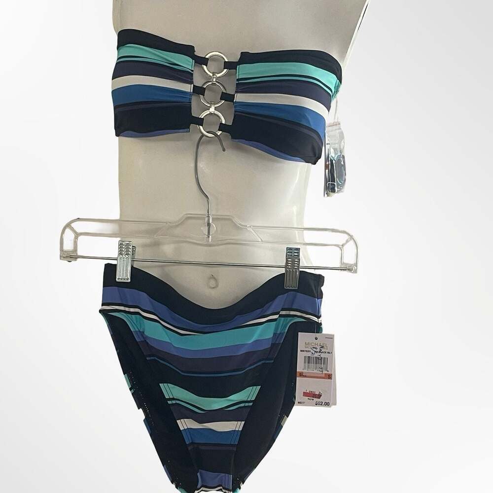 MICHAEL Michael Kors Striped Bandeau Bikini Set with Metal Ring Detail