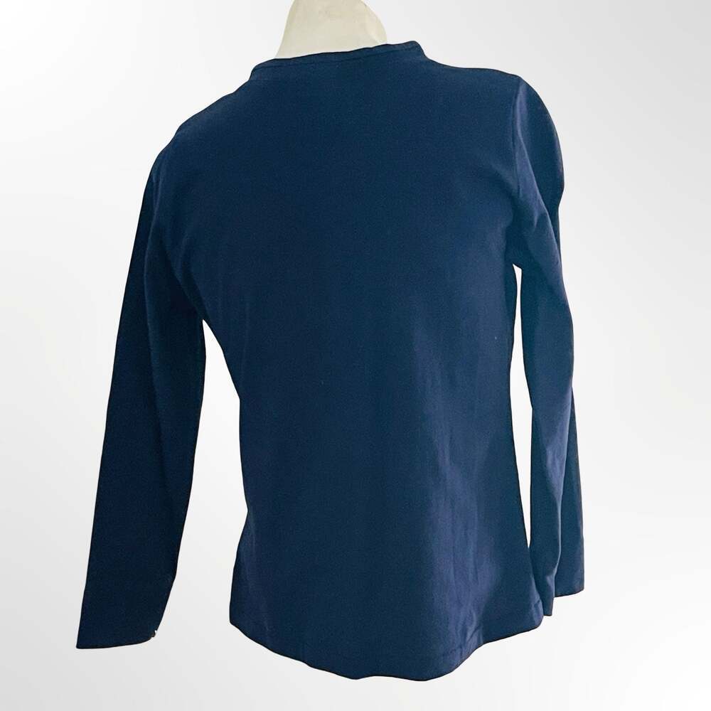 Vintage Navy Blue Long Sleeve Blouse with White Vertical Striped Details
