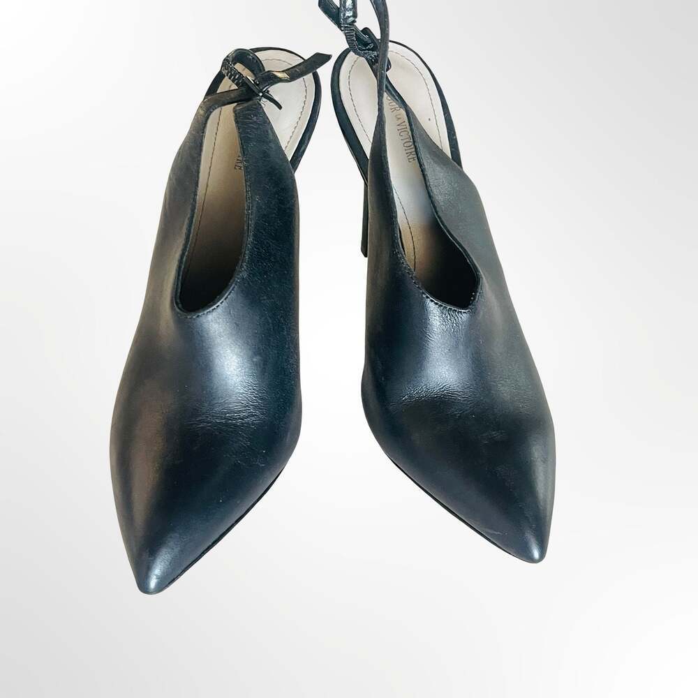 Pour La Victoire Black Leather Pointed Toe Slingback Stiletto Pumps