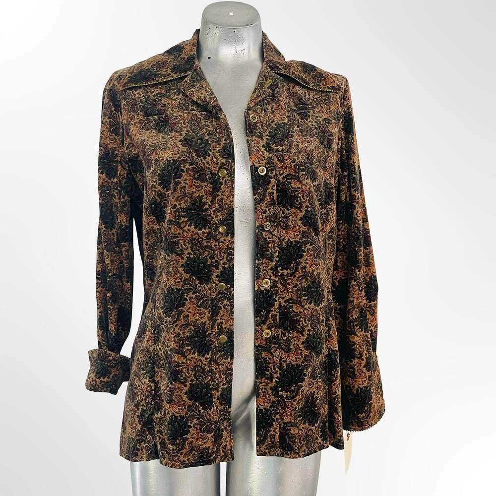 Vintage Floral Paisley Print Long Sleeve Button Down Shirt with Beaded Trim