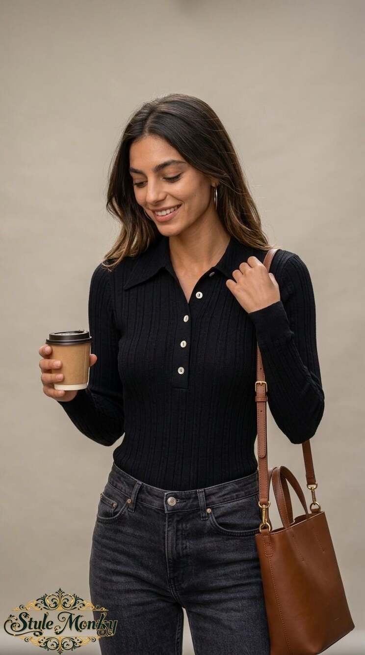 Vintage Black Ribbed Knit Long Sleeve Polo Collar Bodysuit
