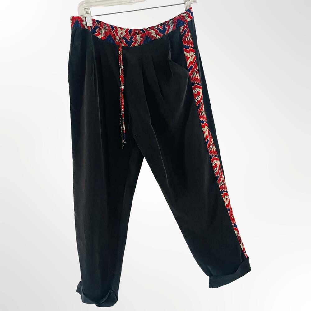 Twelfth Street by Cynthia Vincent Black Silk Jogger Pants w Tribal Print