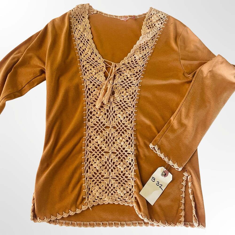 Vintage Long Sleeve Brown Knit Blouse with Crochet Lace Trim and Tassel Tie