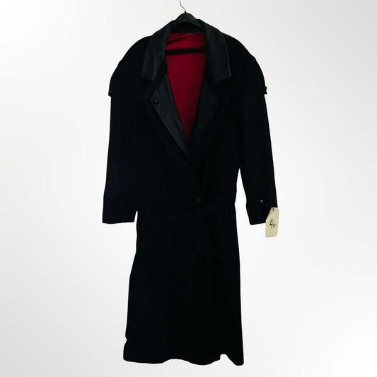 Vintage Black Wool Long Trench Coat with Leather Trim and Red Lining