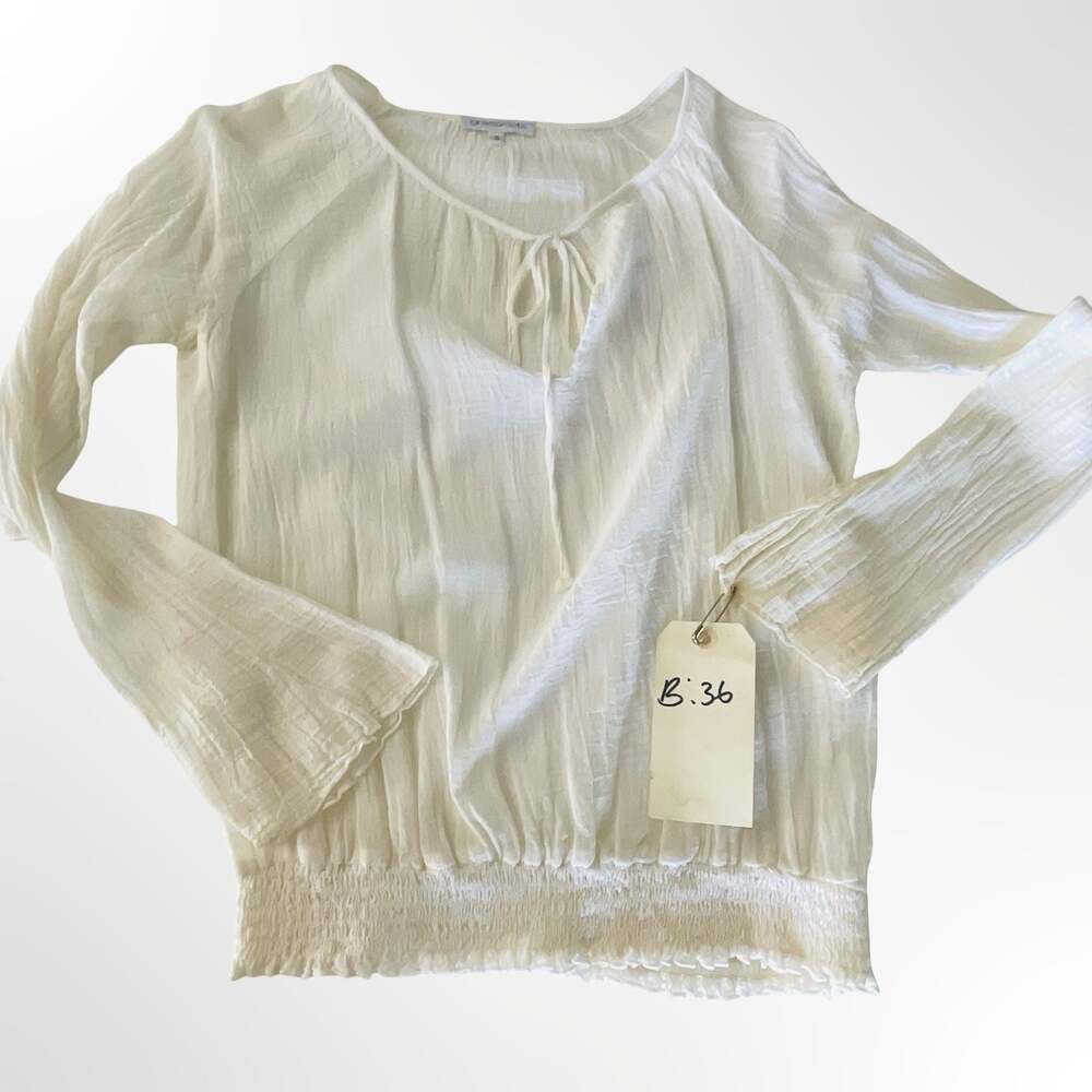 Grassroots White 100% Cotton Gauze Peasant Blouse Long Sleeve Tie Neck