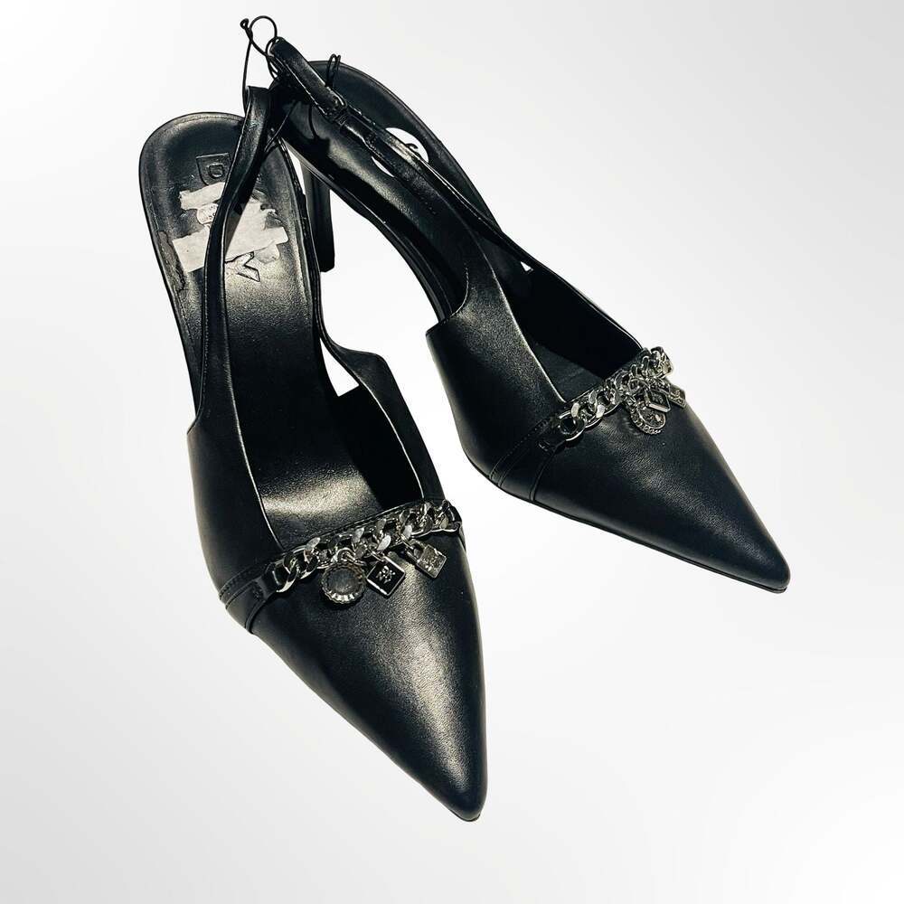 DKNY Black Leather Slingback Pointed-Toe Heels with Chain Detail