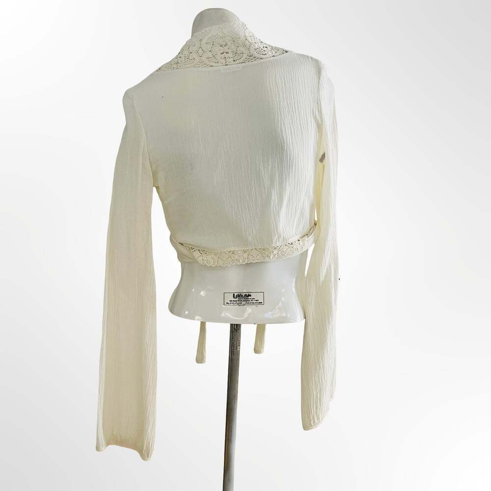 Vintage Cream White Lace Trim Bell Sleeve Crop Wrap Top Blouse